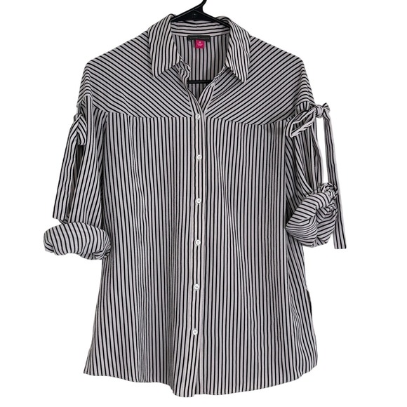 Vince Camuto Tops - Vince‎ Camuto White Black Striped Bow Sleeve Coastal Button Up Shirt Women's XS